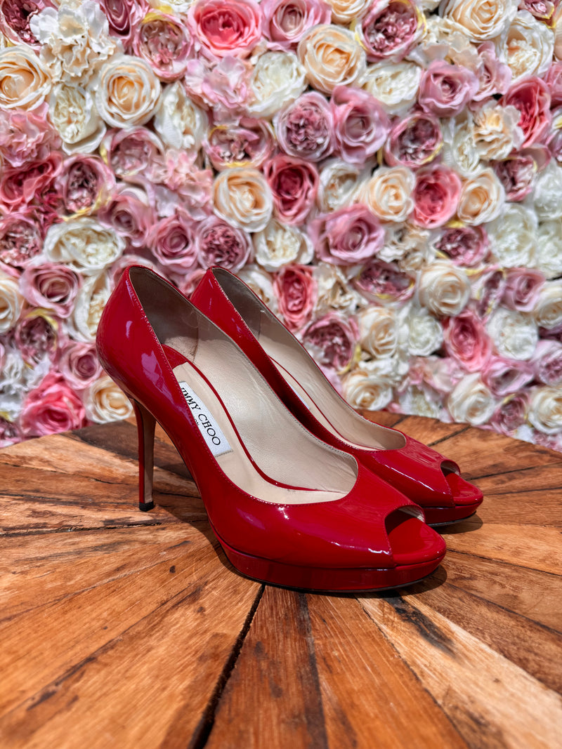 Jimmy Choo Patent Leather Heel with Peep Toe Red