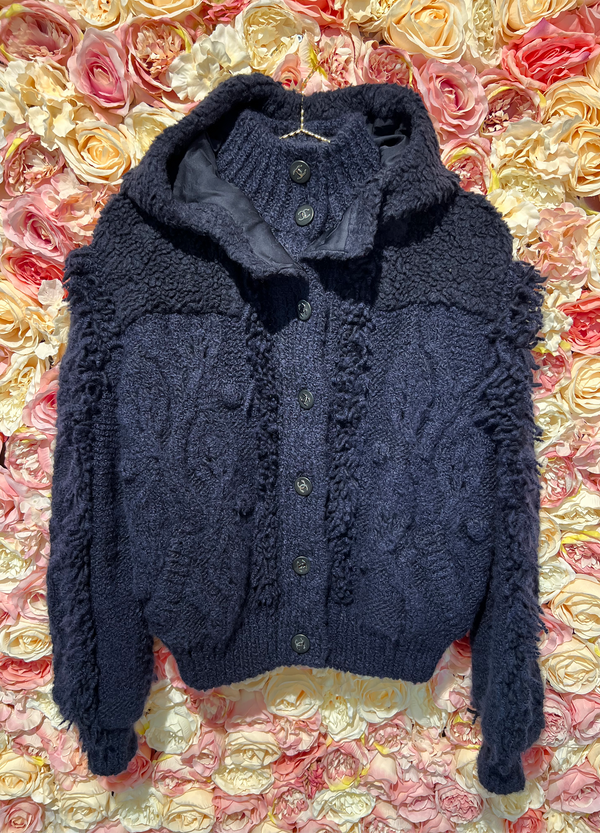 Chanel Cuddly Bomber Jacket with Buttons and Hood Blue